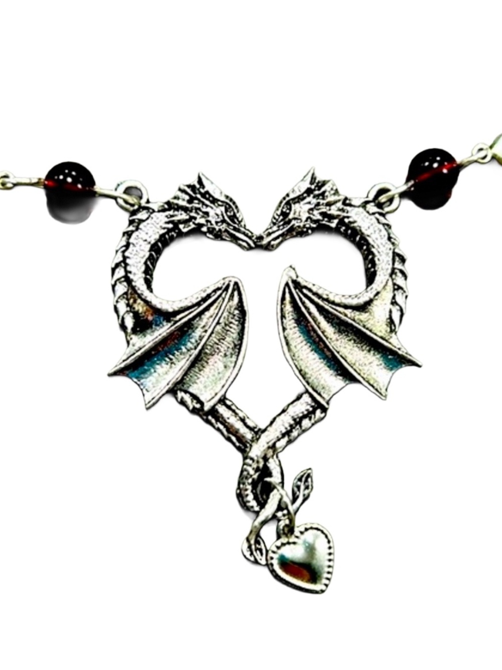 Handmade Kissing Dragons Pendant Necklace with Red Garnet Glass Beads